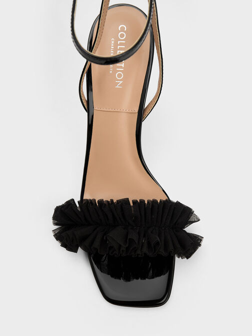 Patent Leather Ruffled Mesh Heeled Sandals, Black, hi-res