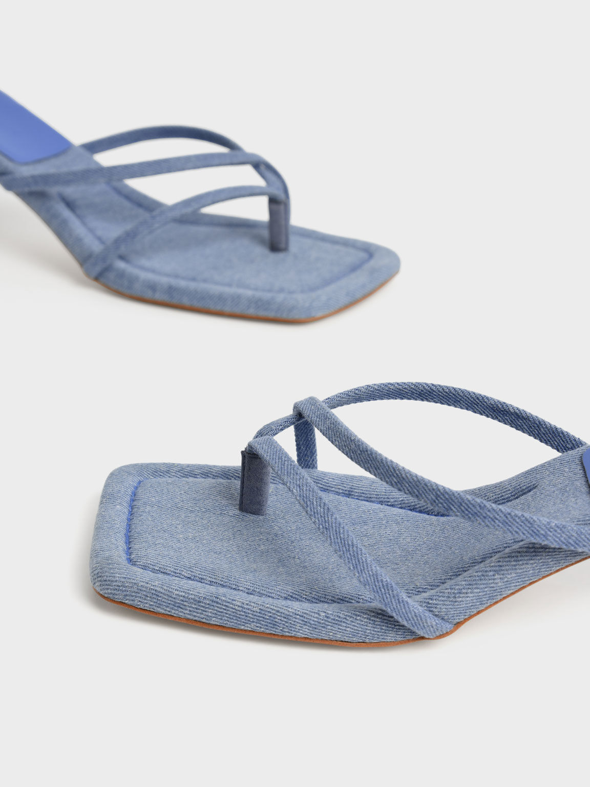 Denim Strappy Heeled Thong Sandals, Blue, hi-res
