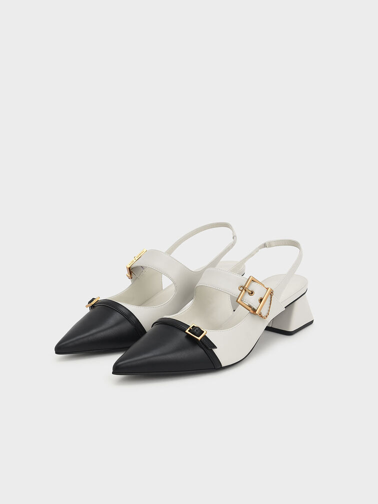 Double Buckle Flare Heel Slingback Pumps, Chalk, hi-res