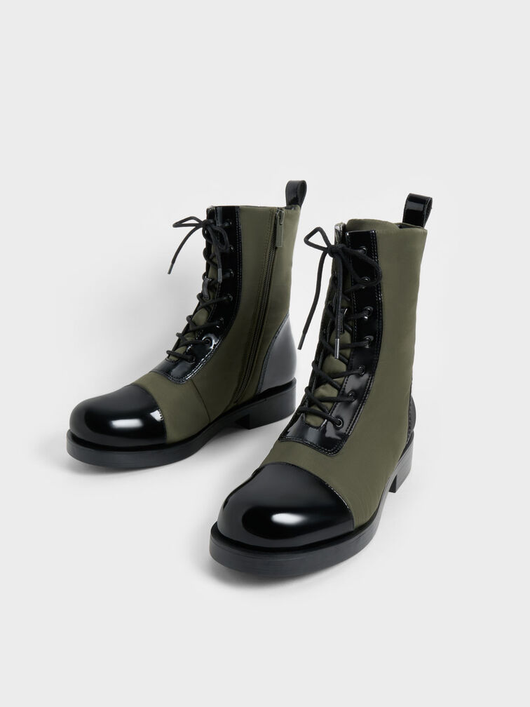 Nylon & Patent Combat Boots, Olive, hi-res