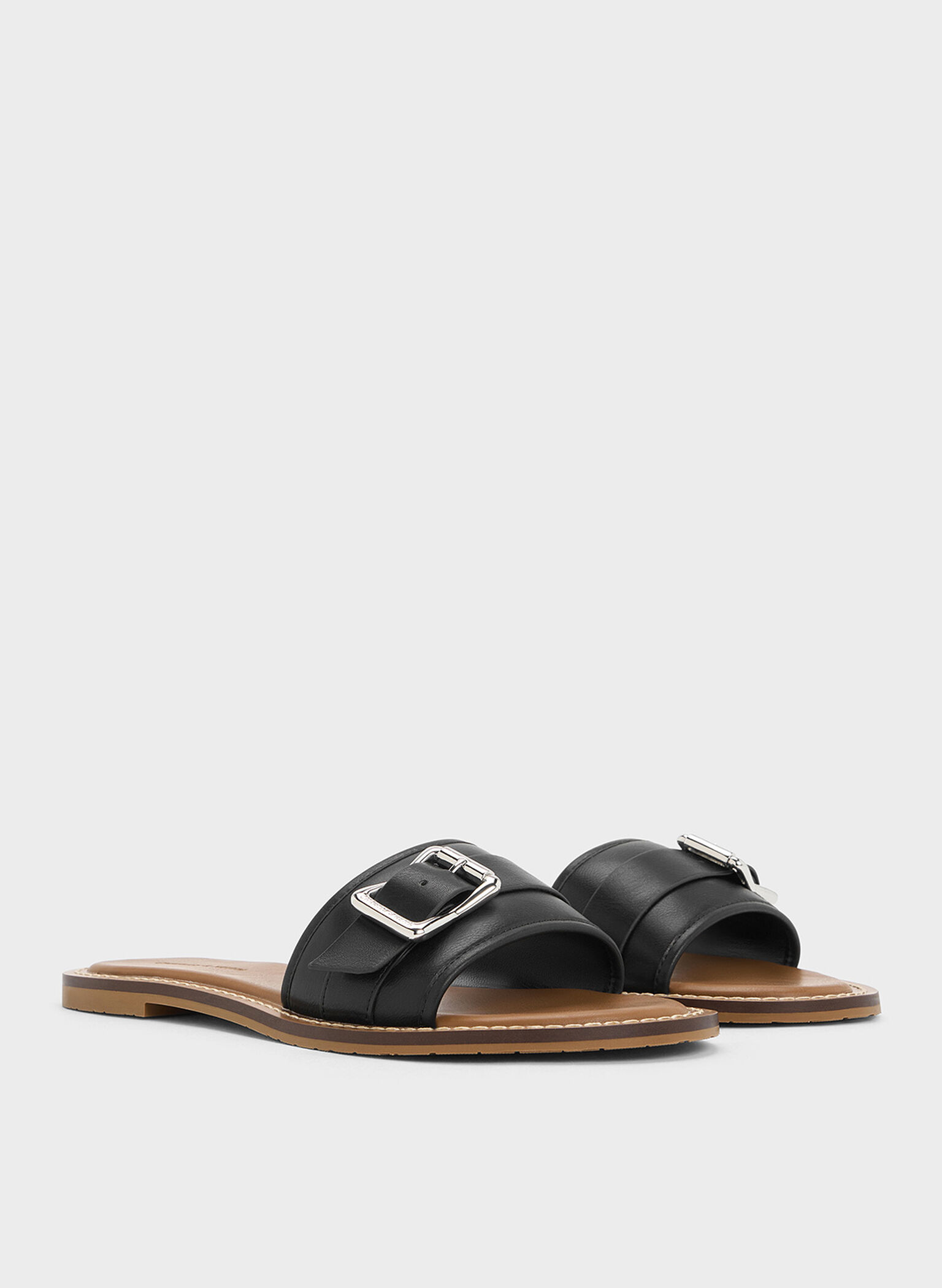 Buckled Slide Sandals, Black, hi-res