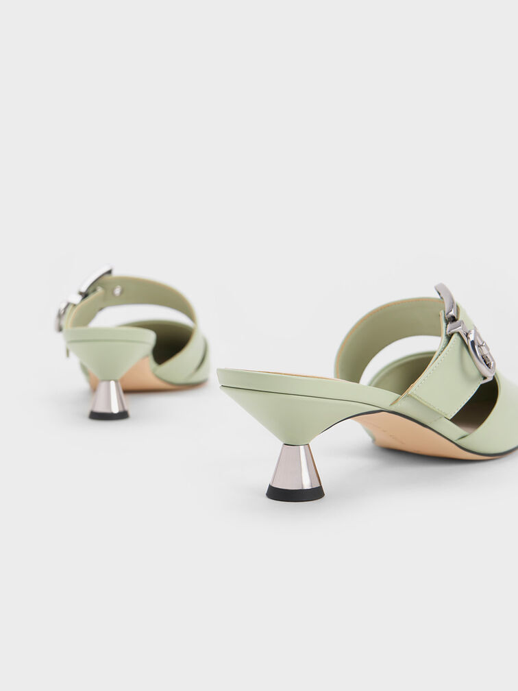 Asymmetric Buckle Heeled Mules, Sage Green, hi-res