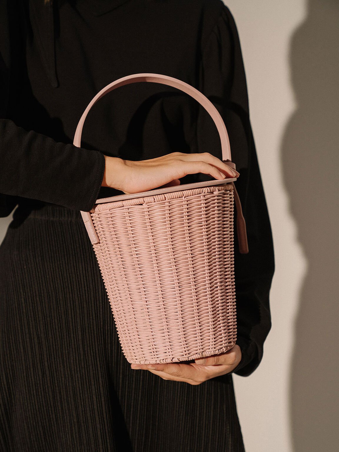 Rattan Cylindrical Top Handle Bag, Pink, hi-res