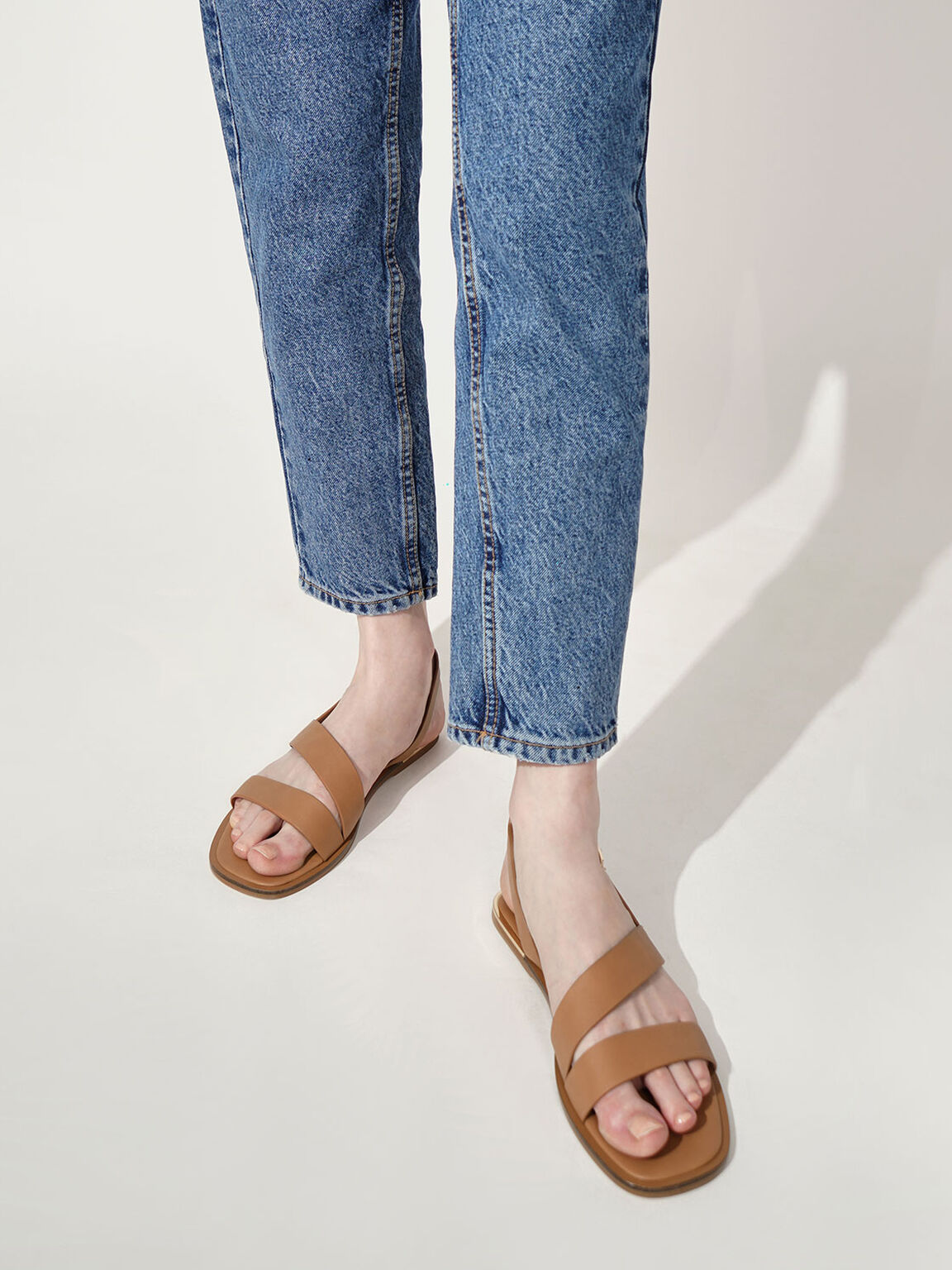 Asymmetric Strap Slingback Flats, Caramel, hi-res