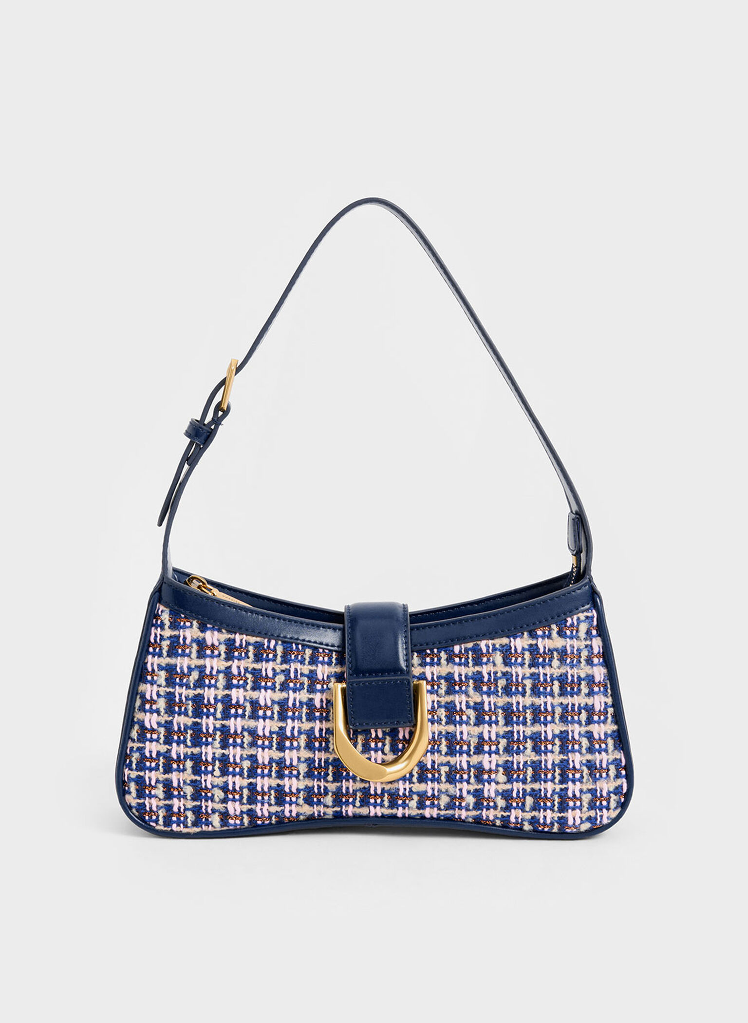 Gabine Tweed Curved Shoulder Bag, Navy, hi-res