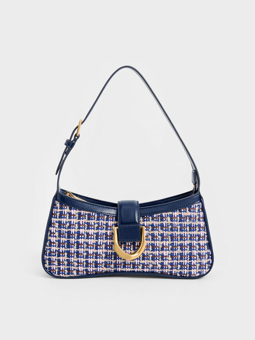 Gabine Tweed Curved Shoulder Bag, Navy, hi-res