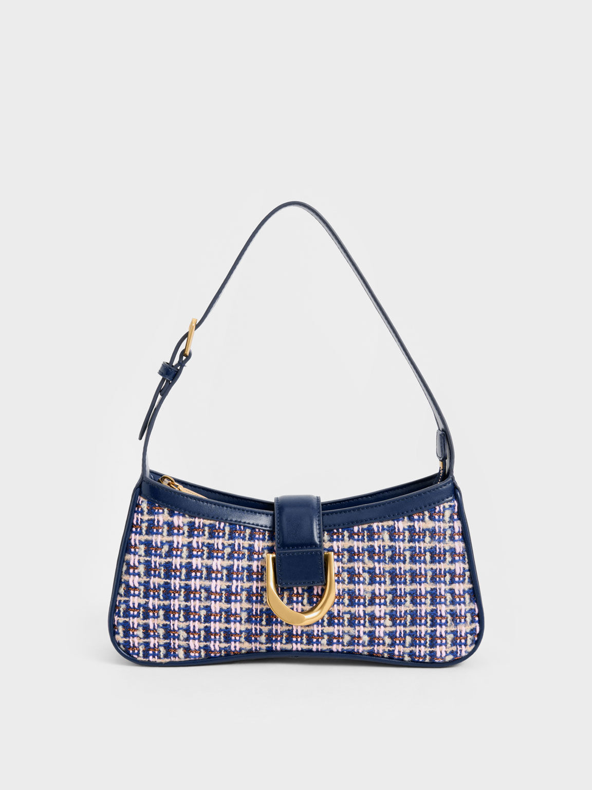 Gabine Tweed Curved Shoulder Bag, Navy, hi-res