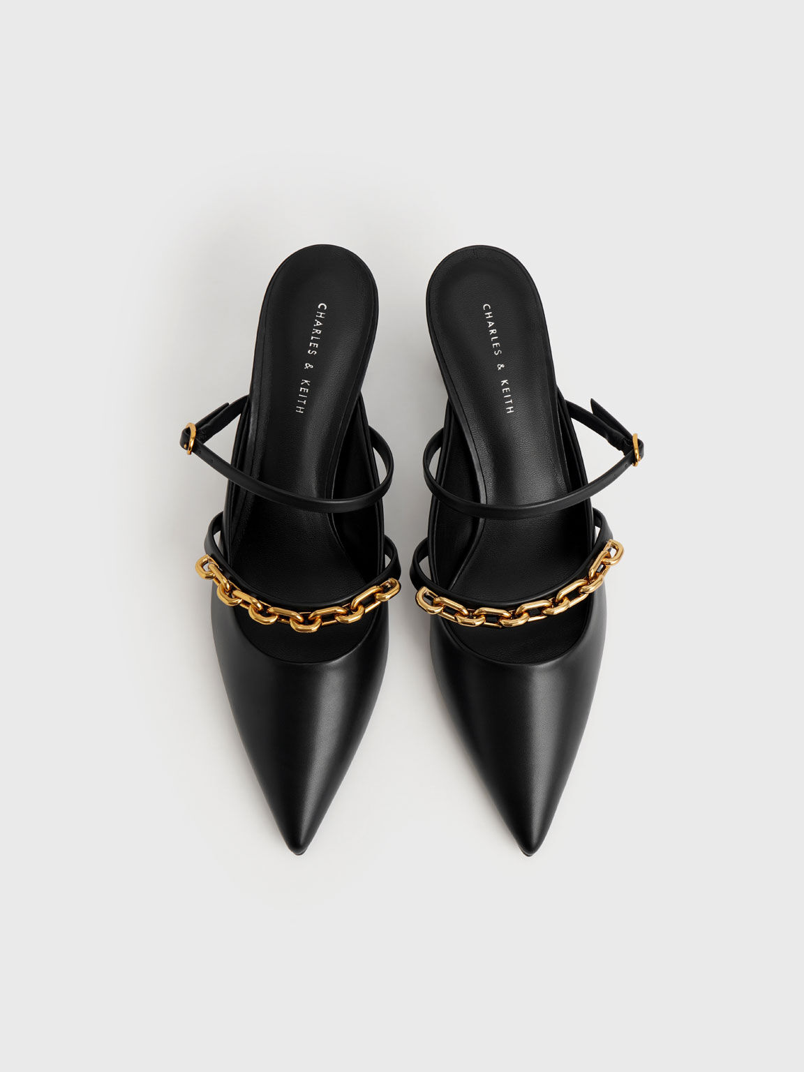 Chain-Link Trapeze Heel Mules, Black, hi-res
