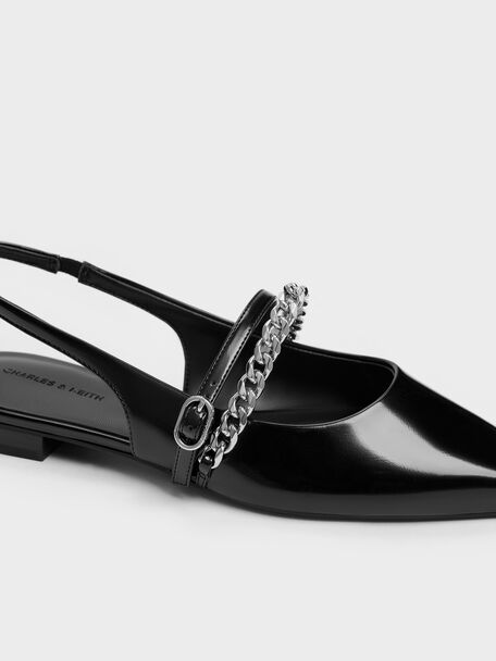Georgie Chain Pointed Slingback Flats, Black Box, hi-res