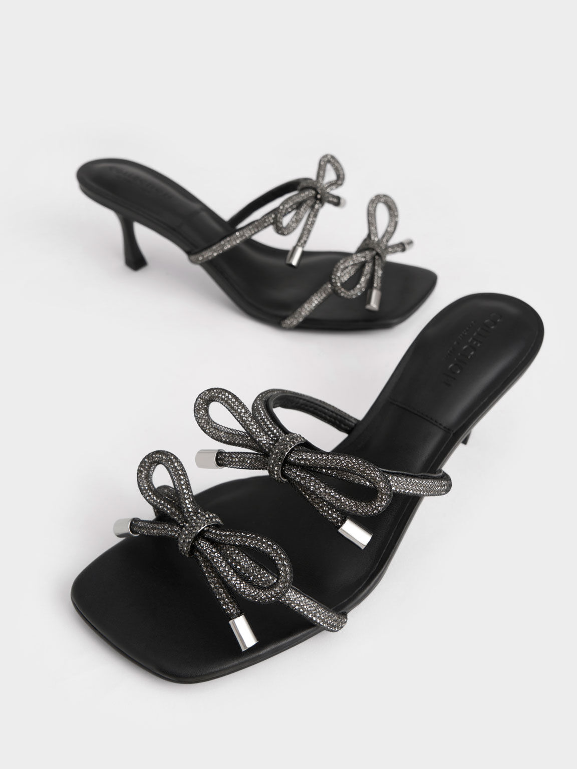 Gem-Embellished Bow-Tie Mules, Black, hi-res