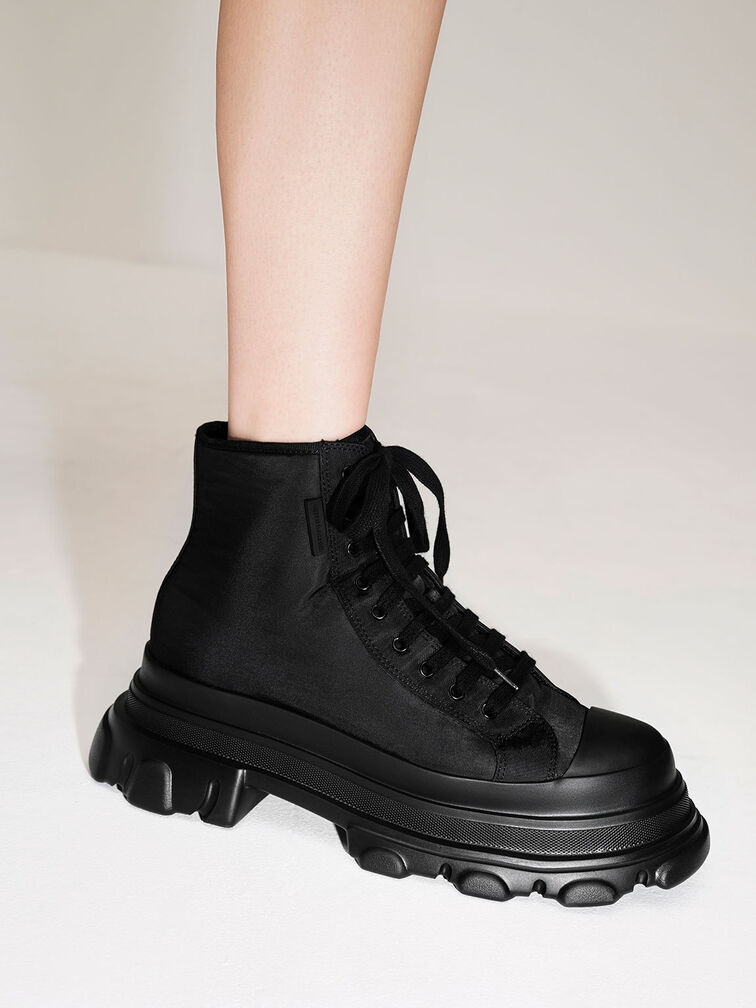 Nylon Chunky High-Top Sneakers, Black, hi-res