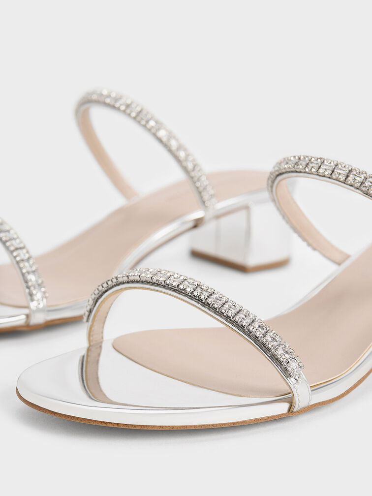 Ambrosia Metallic Gem-Embellished Mules, Silver, hi-res