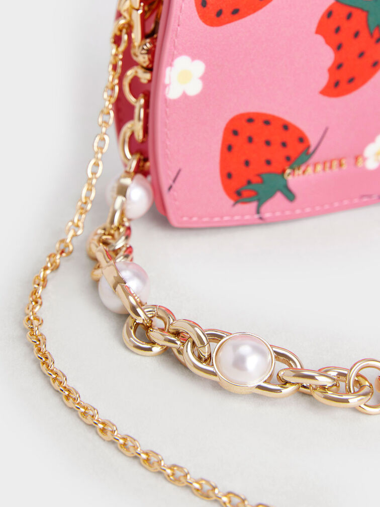 Chain Handle Strawberry-Print Vanity Pouch - Light Pink