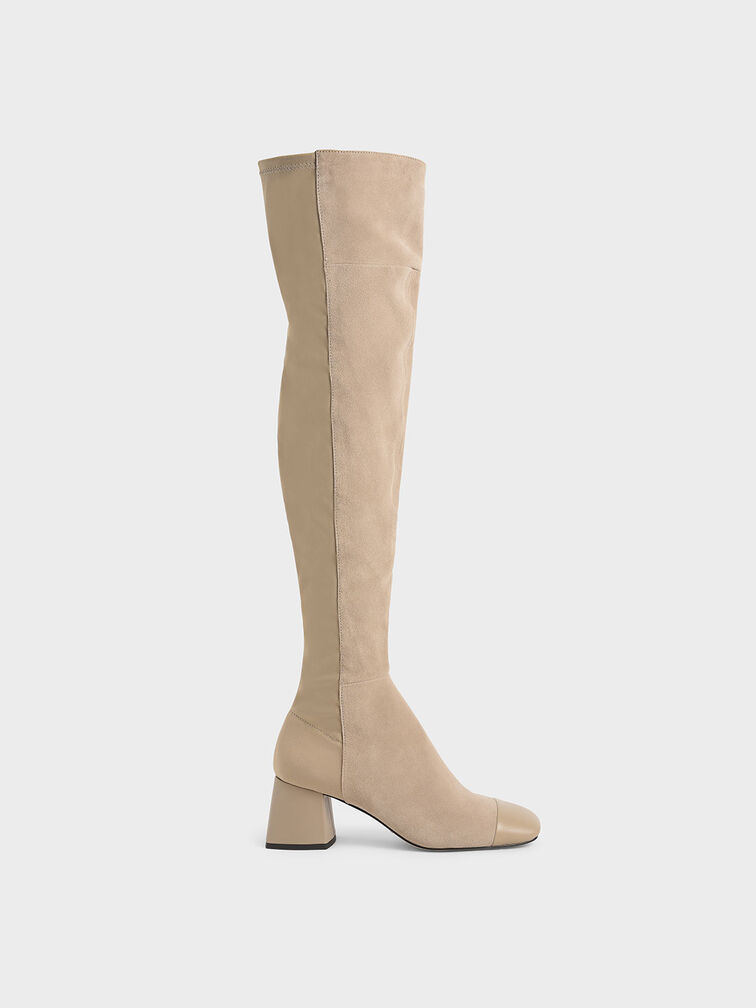 Leather & Kid Suede Thigh High Boots, Sand, hi-res