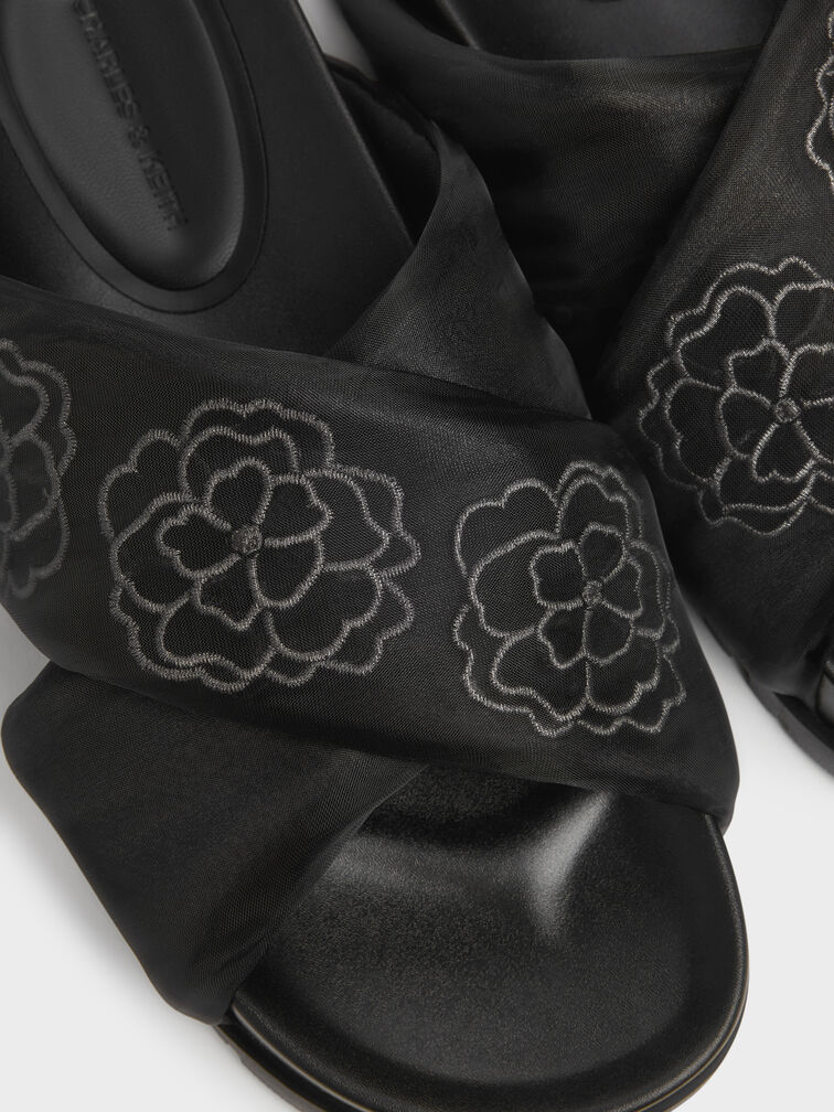 Satin Embroidered-Flower Crossover Sandals, Black Textured, hi-res
