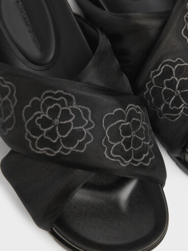 Satin Embroidered-Flower Crossover Sandals, Black Textured, hi-res