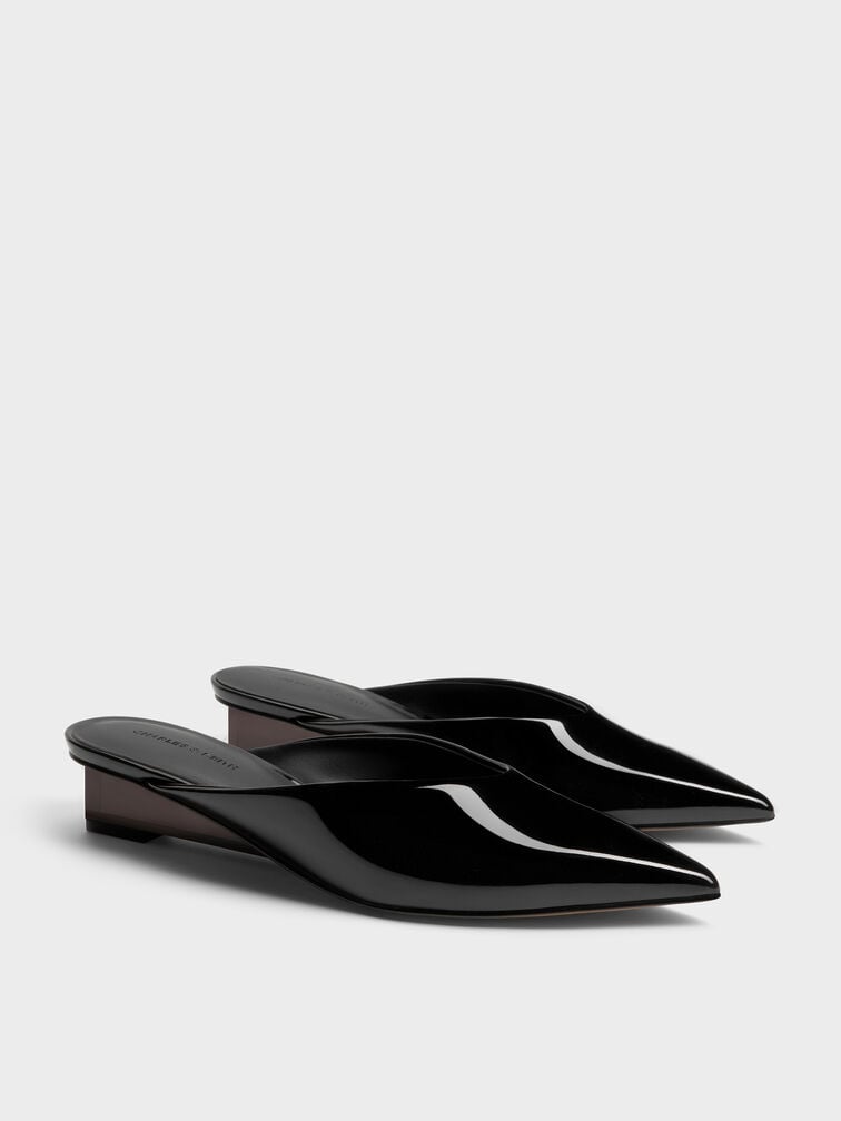 Patent Translucent-Heel Wedge Mules, Black Patent, hi-res