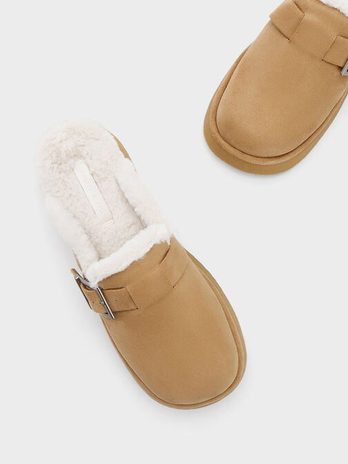 Fur-Lined Buckled Flatform Mules, Camel, hi-res