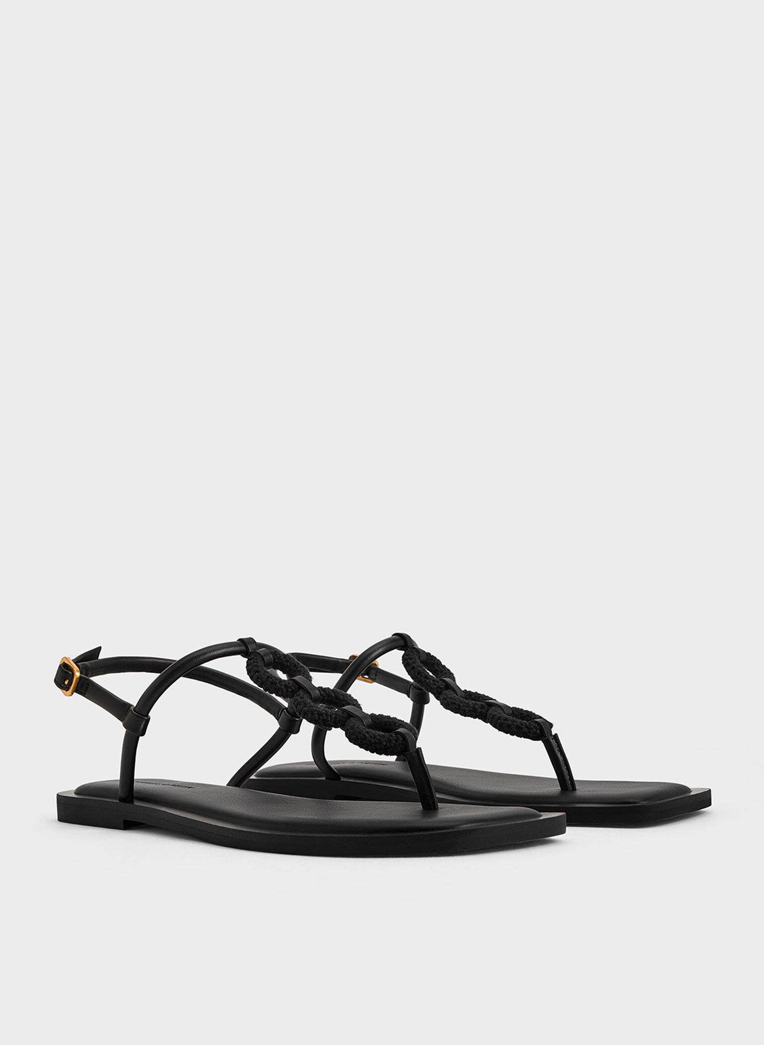Raffia Ring Thong Sandals, Black, hi-res