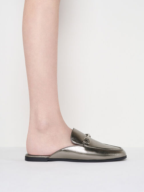 Leslie Metallic Mules, Pewter, hi-res