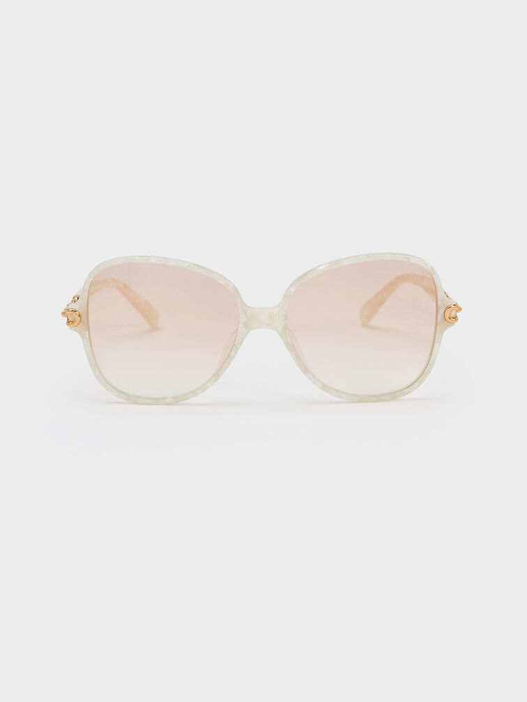 Chain-Link Oversized Butterfly Sunglasses, Cream, hi-res