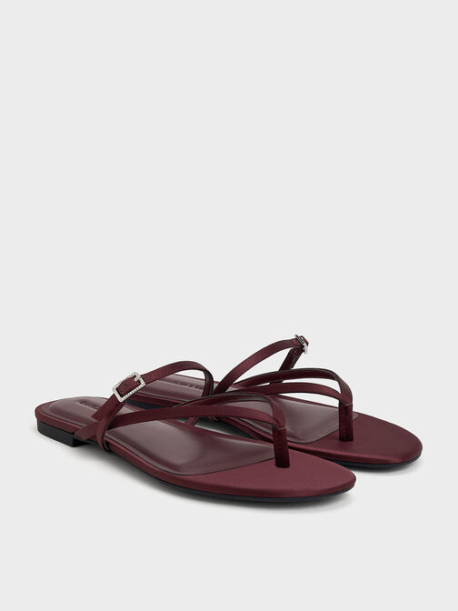 Recycled Polyester Crystal-Buckle Strappy Thong Sandals, Burgundy, hi-res