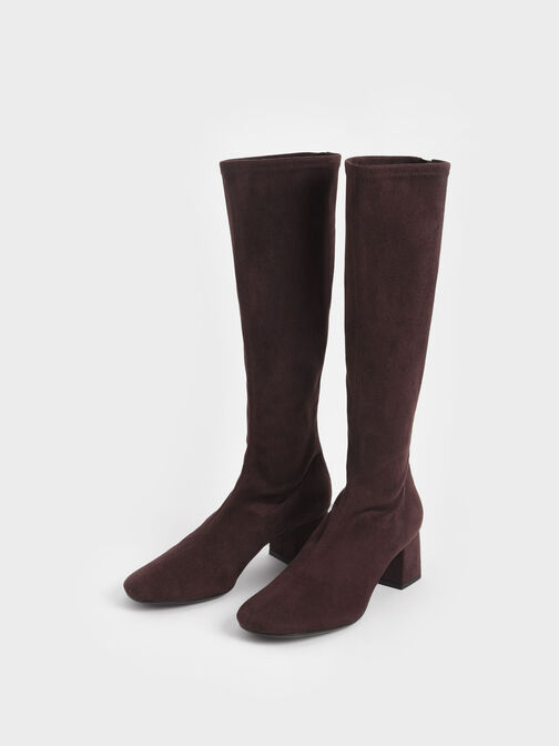 Textured Block Heel Knee Boots, Dark Brown, hi-res