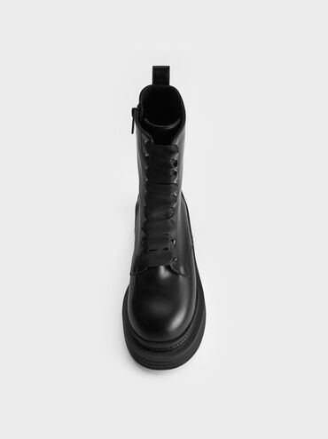 Satin-Lace Platform Combat Boots, Black, hi-res