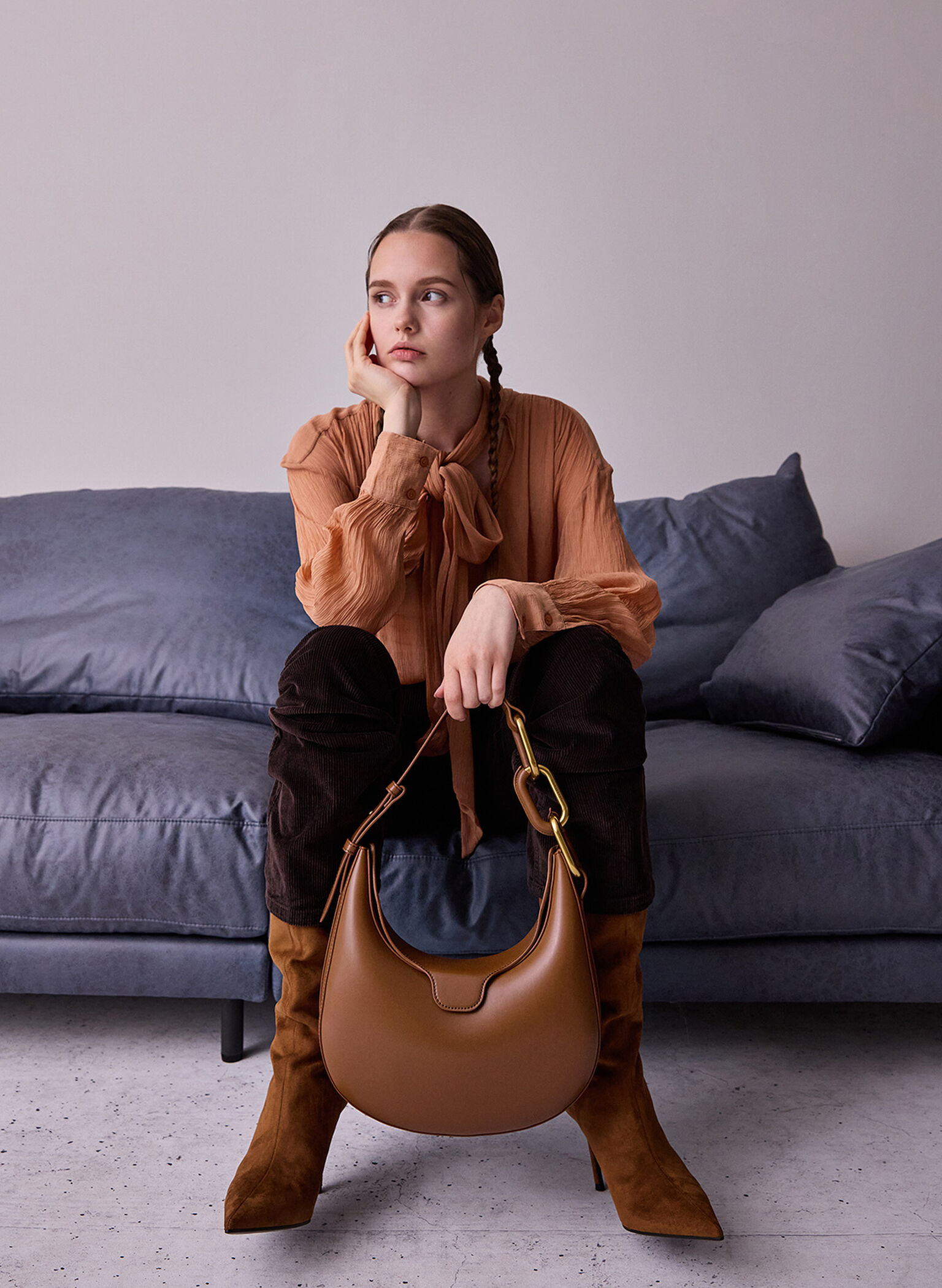 Kora Metallic-Accent Moon Bag, Chocolate, hi-res
