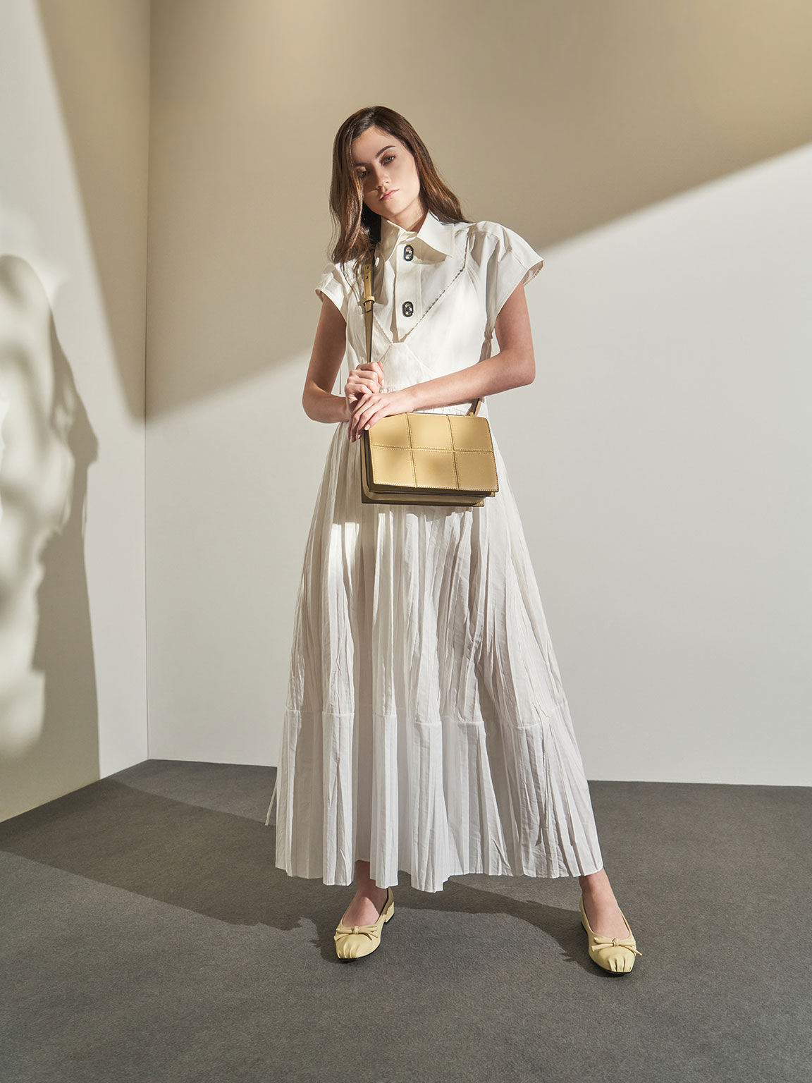 Textured Panelled Shoulder Bag, Yellow, hi-res