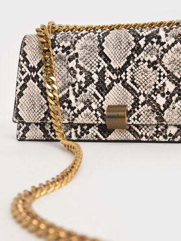 Chain Strap Snake Print Trapeze Shoulder Bag, Chalk, hi-res