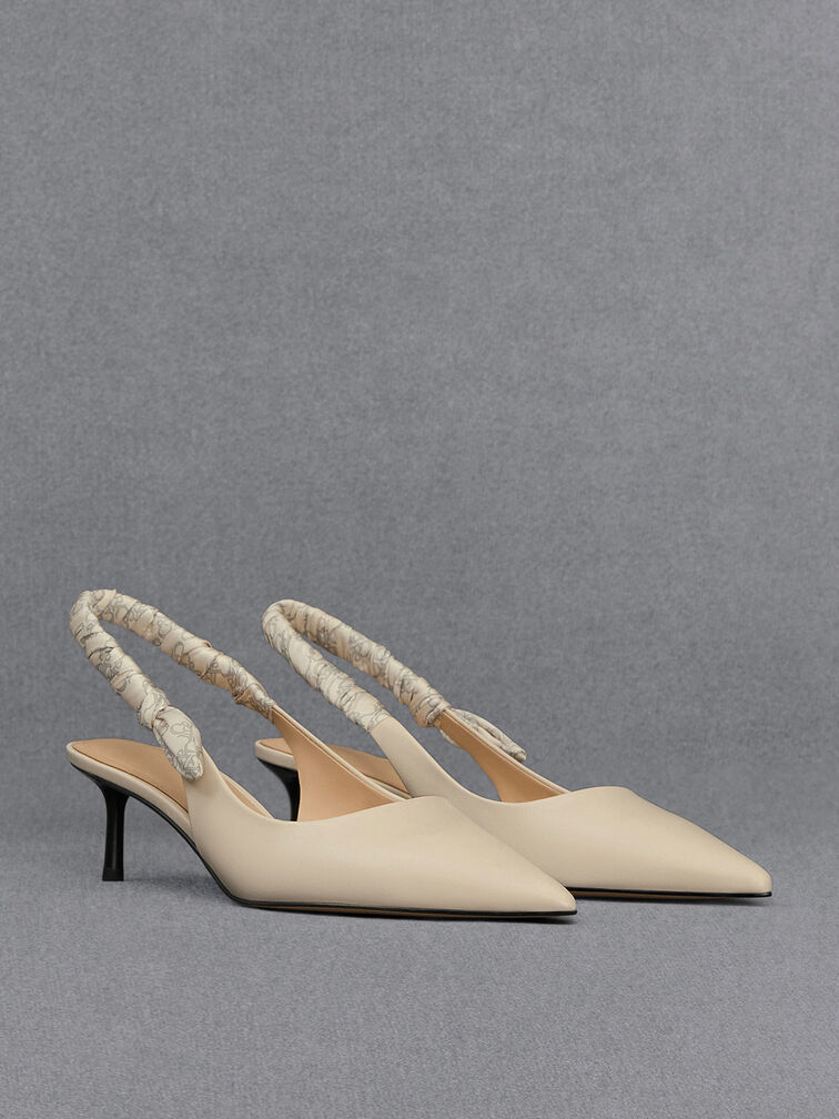 Leather Ruched-Strap Slingback Pumps, Chalk, hi-res