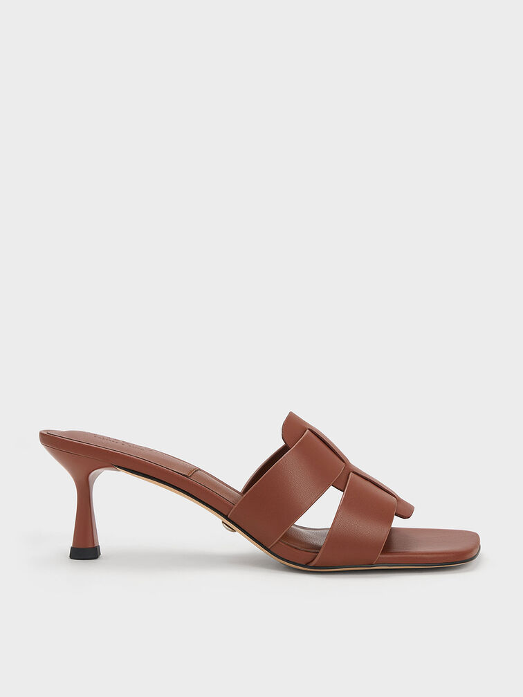 Mules entretejidos de cuero con tacón de carrete, Marrón oscuro, hi-res