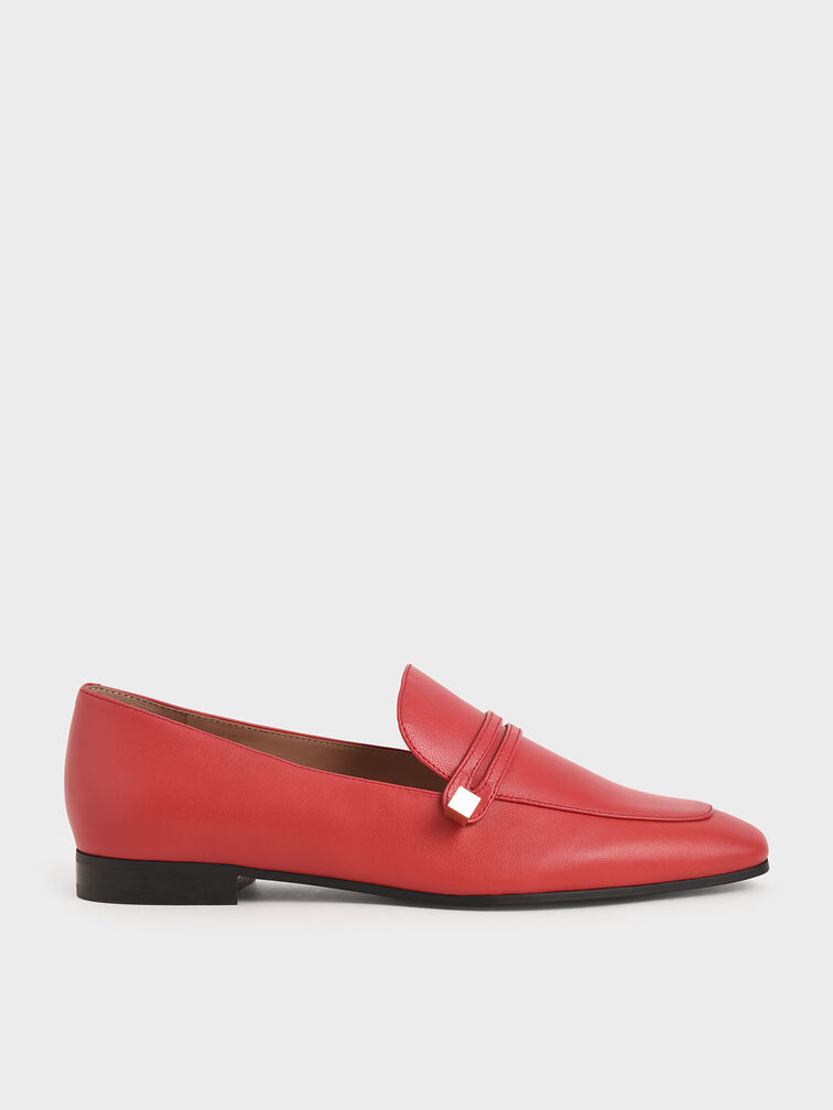 Metallic Accent Leather Loafers, Red, hi-res