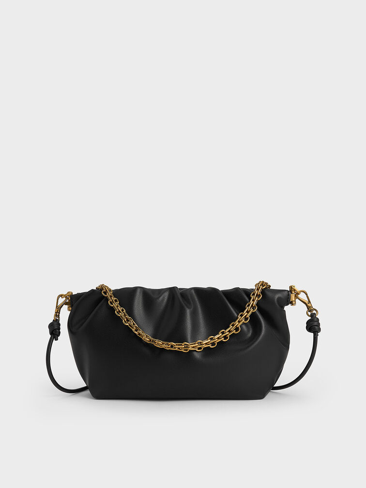 Brigette Ruched Chain-Handle Clutch, Black, hi-res