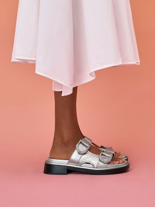 Gabine Leather Slides, Pewter, hi-res