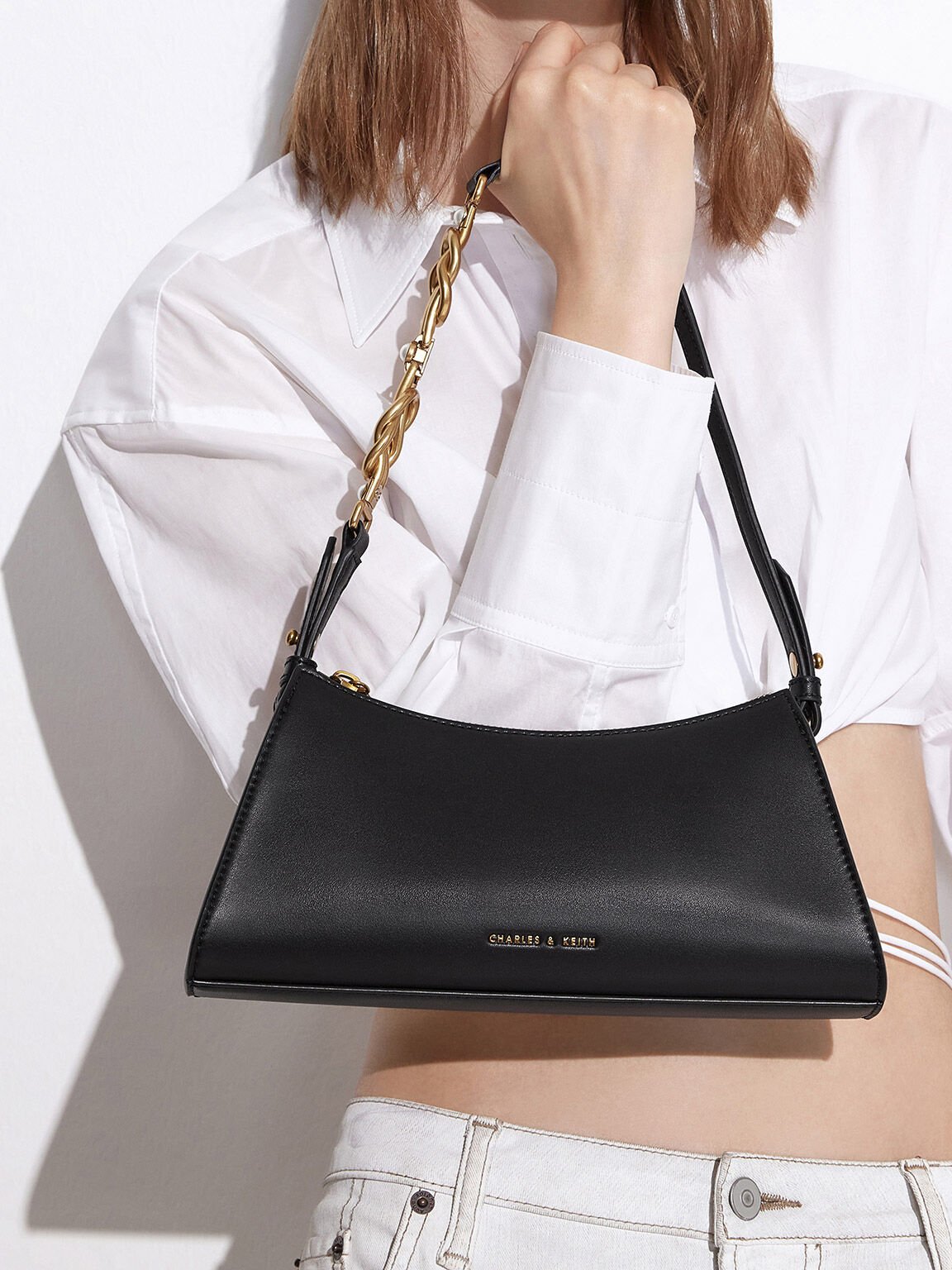 Metallic-Accent Strap Trapeze Bag, Black, hi-res