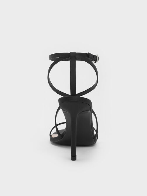 Satin Strappy Stiletto-Heel Sandals, Black Textured, hi-res