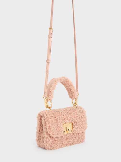 Furry Metallic Turn-Lock Bag, Pink, hi-res