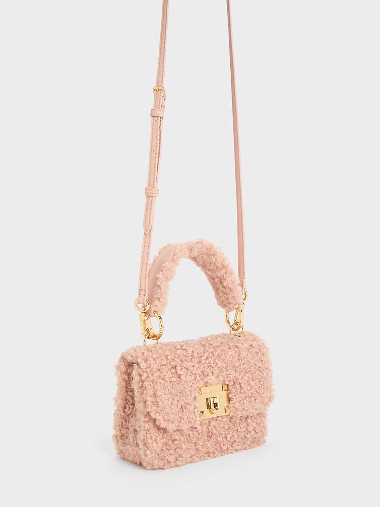 刷毛金釦手提包, 粉紅色, hi-res