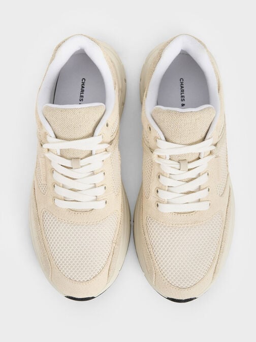 Mesh & Canvas Lace-Up Chunky Sneakers, Chalk, hi-res