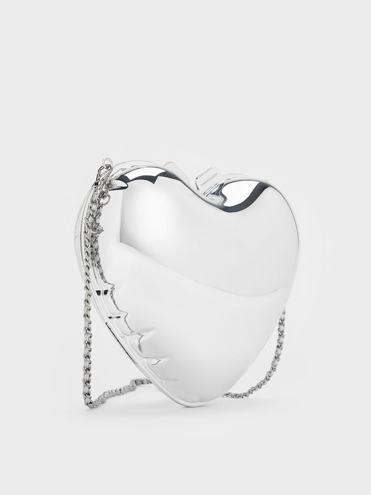 Metallic Heart Crossbody Bag, Silver, hi-res