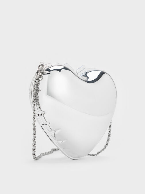 Bolso de mano metálico tipo corazón, Plateado, hi-res