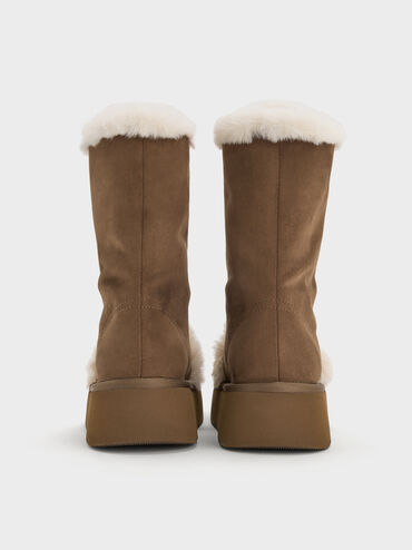 Faux Suede & Faux Fur Foldover Flatform Boots, Brown, hi-res