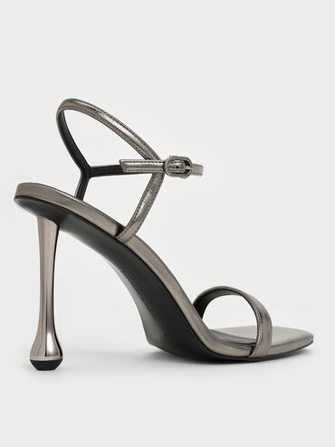 Metallic Sculptural-Heel Ankle-Strap Sandals, Pewter, hi-res