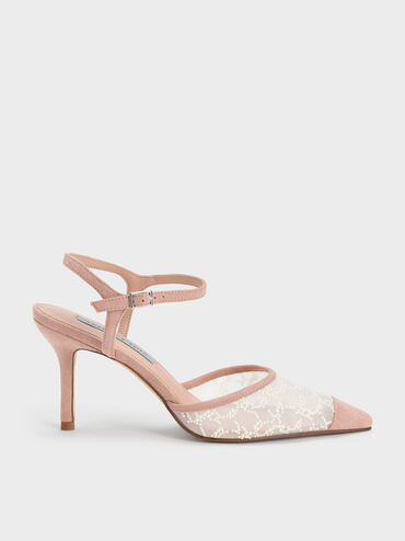 Beaded Mesh Ankle Strap Pumps, Nude, hi-res