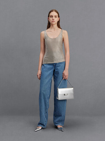 Metallic Leather Shoulder Bag, Silver, hi-res