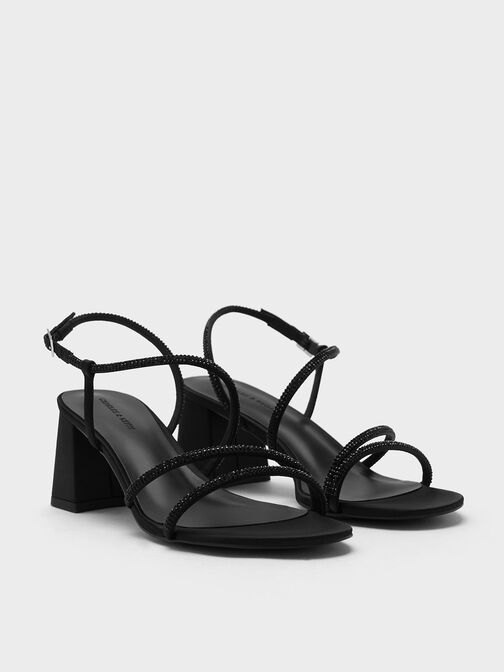 Satin Crystal-Embellished Strappy Sandals, Black Textured, hi-res