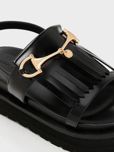 Horsebit & Fringe Platform Sandals, Black Box, hi-res