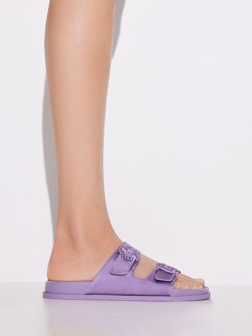 Embellished Buckle Recycled Polyester Sandals, Purple, hi-res